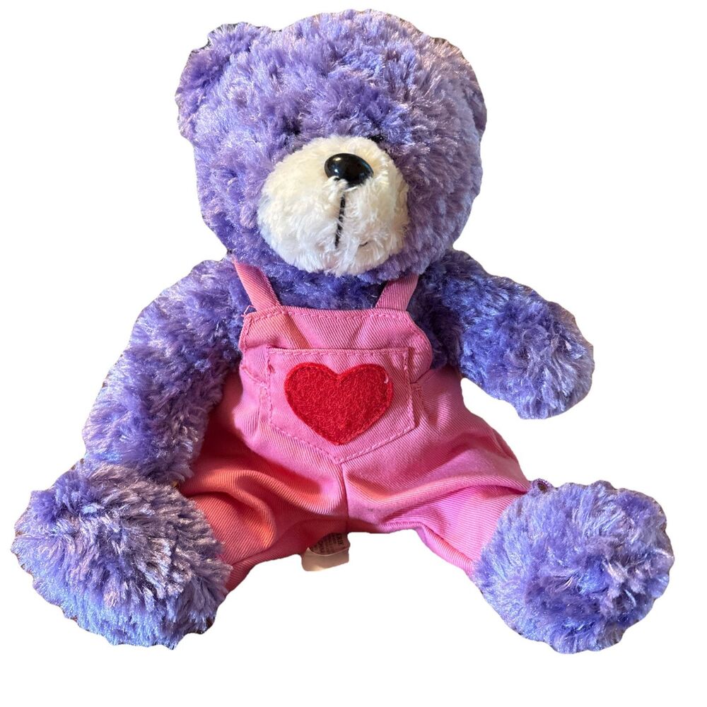 Galerie Plush Sitting Purple Bear with Pink Heart Overalls 8 Inches
